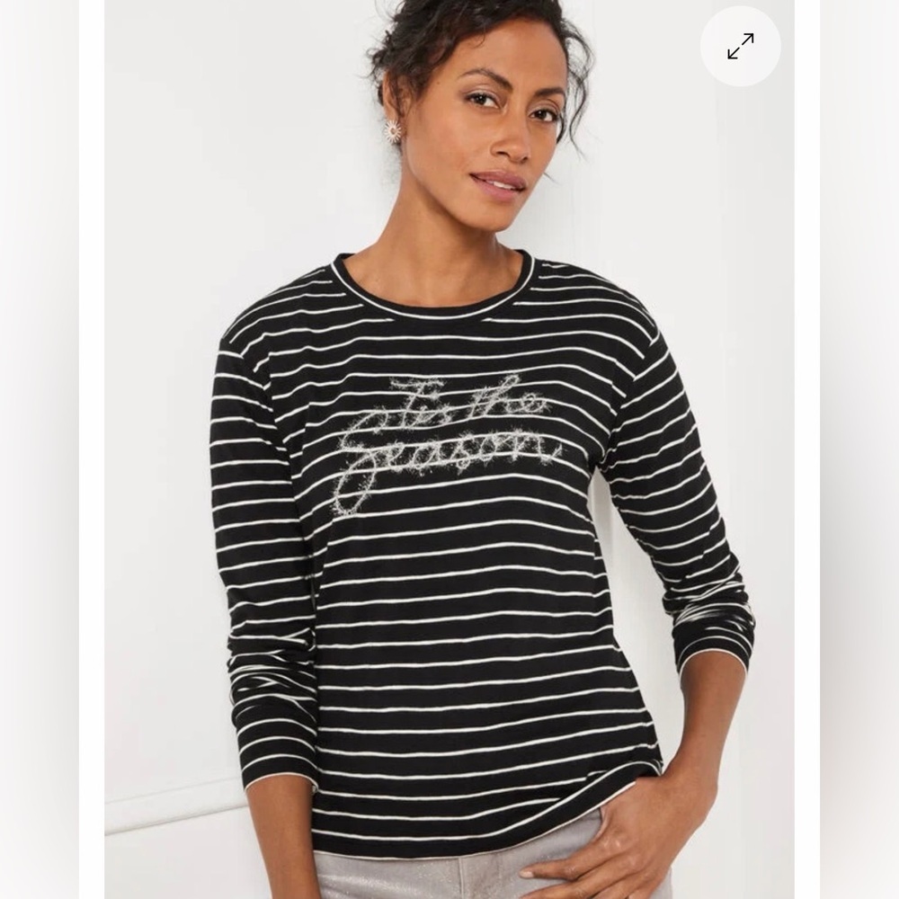 Talbots Womens XL Tis the Season Holiday Striped Long Sleeve Tee Black White